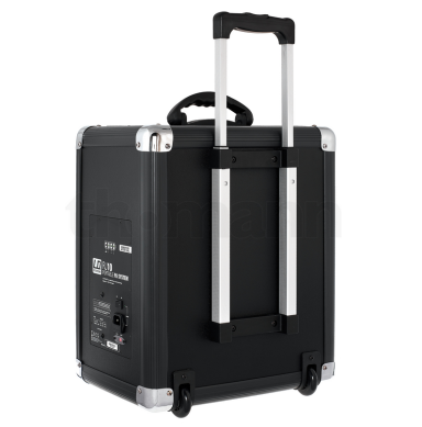 Schwarze Reisekoffer mit Teleskopgriff und Rollen auf der Rückseite.