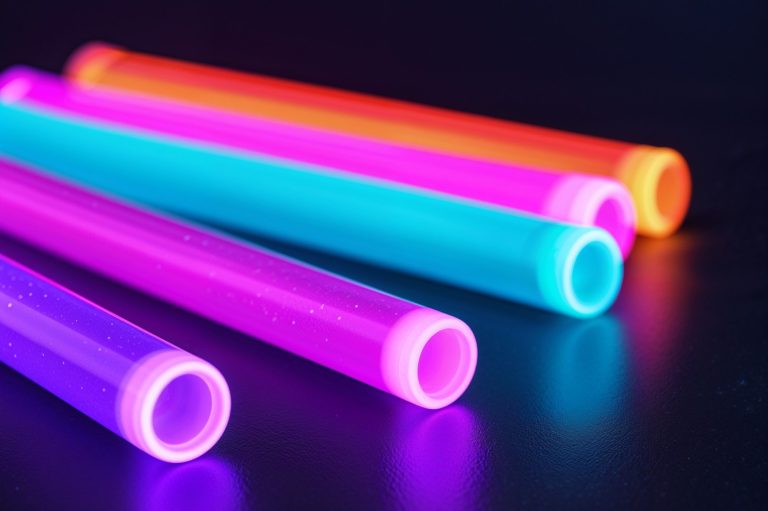 Leuchtende Neonröhren in Blau, Pink und Orange auf einem dunklen Hintergrund.